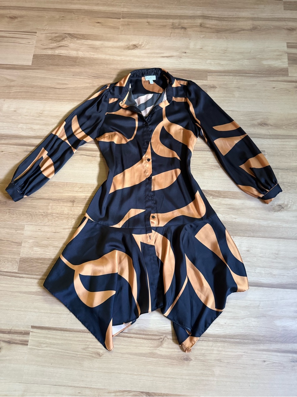 SCAPA Lauren Perre black and copper abstract shirt dress Sz M - Picture 6 of 6